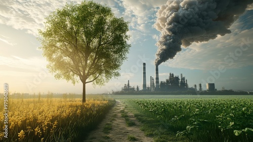 Green Tree vs. Factory Pollution. AI generated illustration