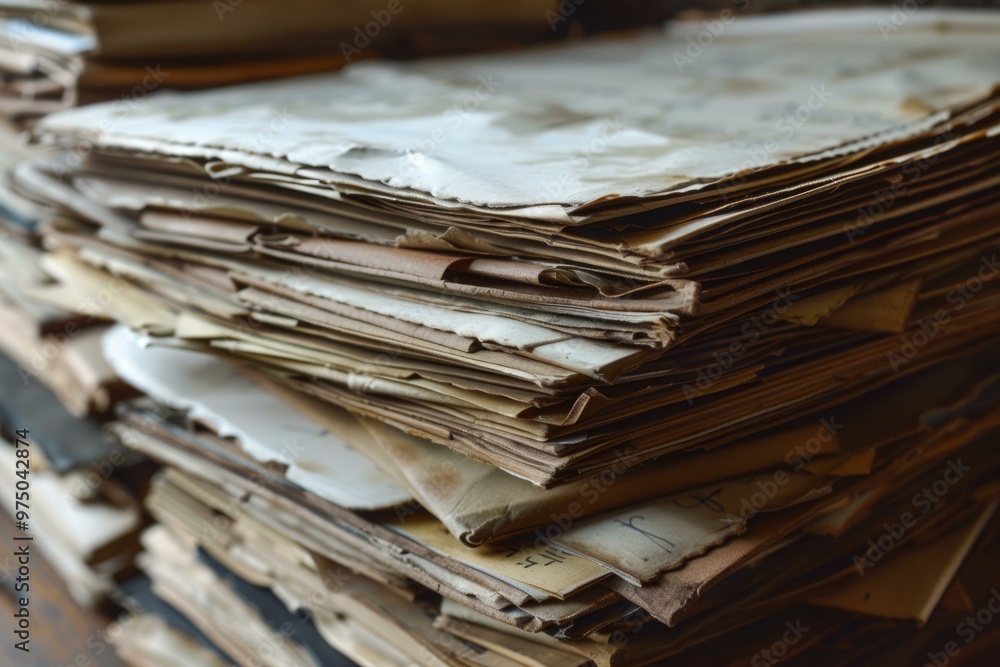 Stack of old faded paper documents forming a messy pile, illustrating the concept of bureaucracy and administrative overload