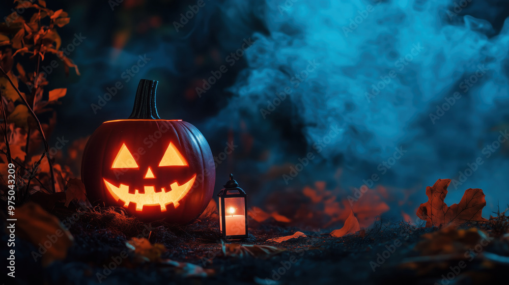 halloween jack o lantern pumpkins on ground in front of dark forest leaves misty smoky orange blue lamp candle halloween jack o lantern pumpkins on ground in front of dark forest leaves misty smoky orange blue lamp candle