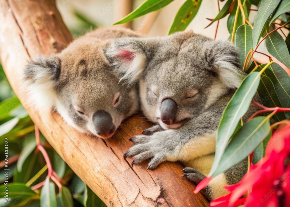 Obraz premium Koalas Sleeping in Eucalyptus Trees A pair of koalas nestled comfortably in the branches of a eucalyptus tree, their soft gray fur blending with the bark.