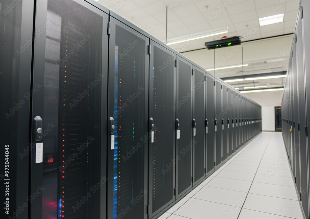 Rows of servers in black racks - large data center. Generative AI Rows of servers in black racks - large data center. Generative AI