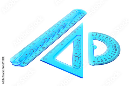 flexible, bendable, ruler and drawing protractor, blue triangle, transparent, on white background, close-up, macro photography photo