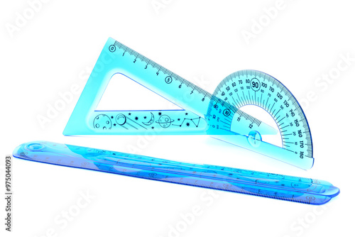 flexible, bendable, ruler and drawing protractor, blue triangle, transparent, on white background, close-up, macro photography photo