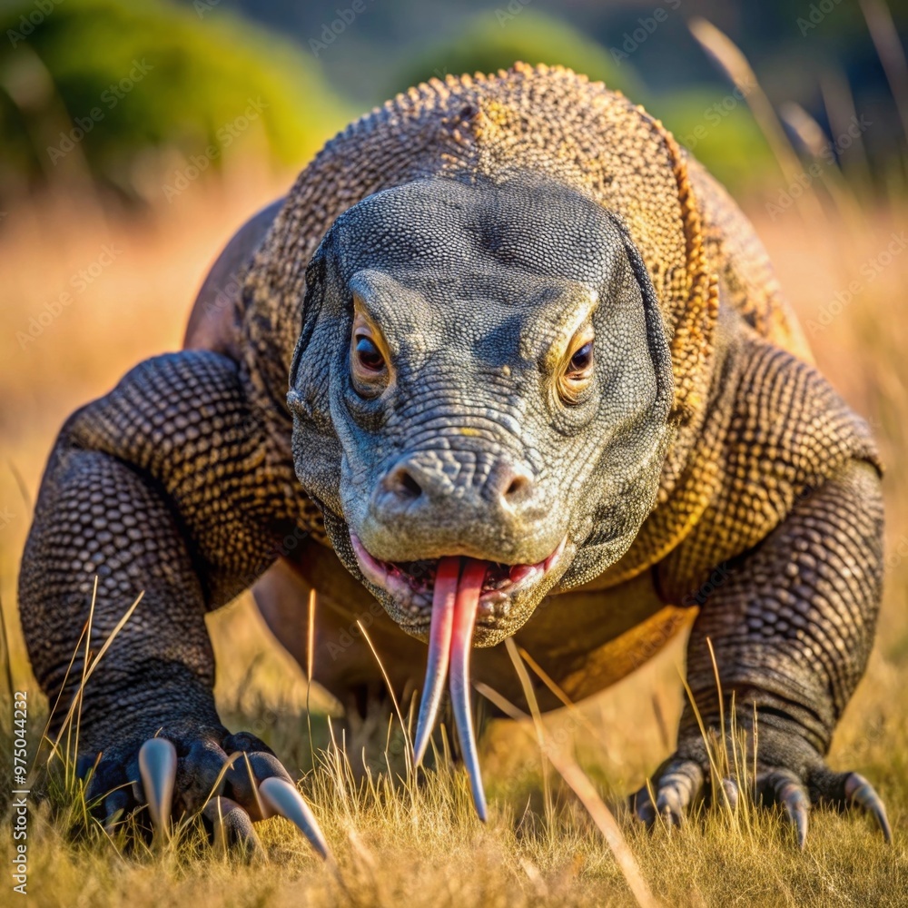 Komodo Dragon Stalking Prey A large Komodo dragon moving stealthily through the dry grasslands, its long forked tongue tasting the air. Komodo Dragon Stalking Prey A large Komodo dragon moving stealthily through the dry grasslands, its long forked tongue tasting the air.