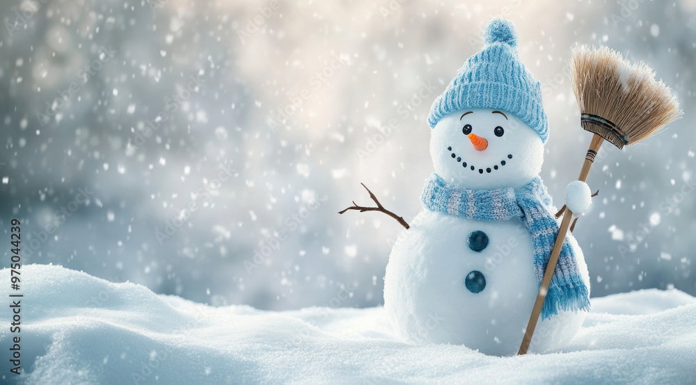 Merry christmas and happy new year greeting card with copy-space.Happy snowman standing in christmas landscape.Snow background.Winter fairytale.
Merry christmas and happy new year greeting card with copy-space.Happy snowman standing in christmas landscape.Snow background.Winter fairytale.