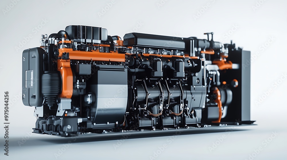 A close-up 8K image of a sleek integrated generator with its parts and design elements highlighted against a clean white background A close-up 8K image of a sleek integrated generator with its parts and design elements highlighted against a clean white background
