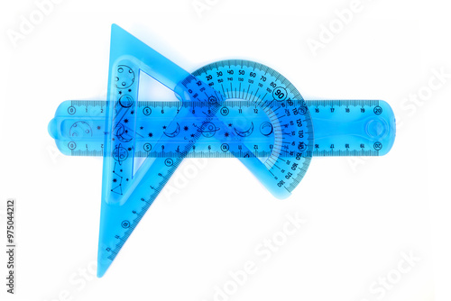 flexible, bendable, ruler and drawing protractor, blue triangle, transparent, on white background, close-up, macro photography photo