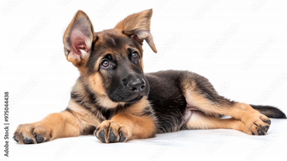 German shepherd puppy lying down on a pure white background German shepherd puppy lying down on a pure white background