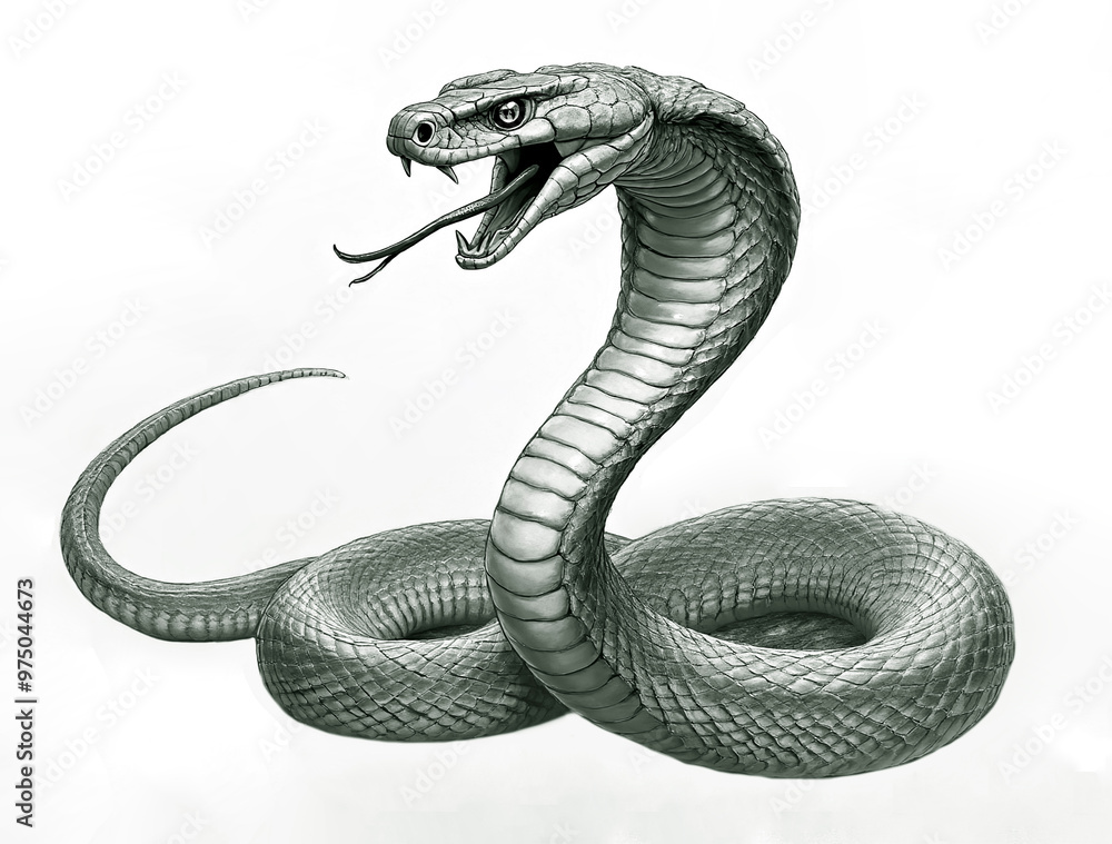 Fototapeta premium aggressive Cobra Snakes for tattoo outline, Logo, Pictogram, Website or Graphic Design Element. one alone Royal cobras in attack pose. illustration isolated on white background.