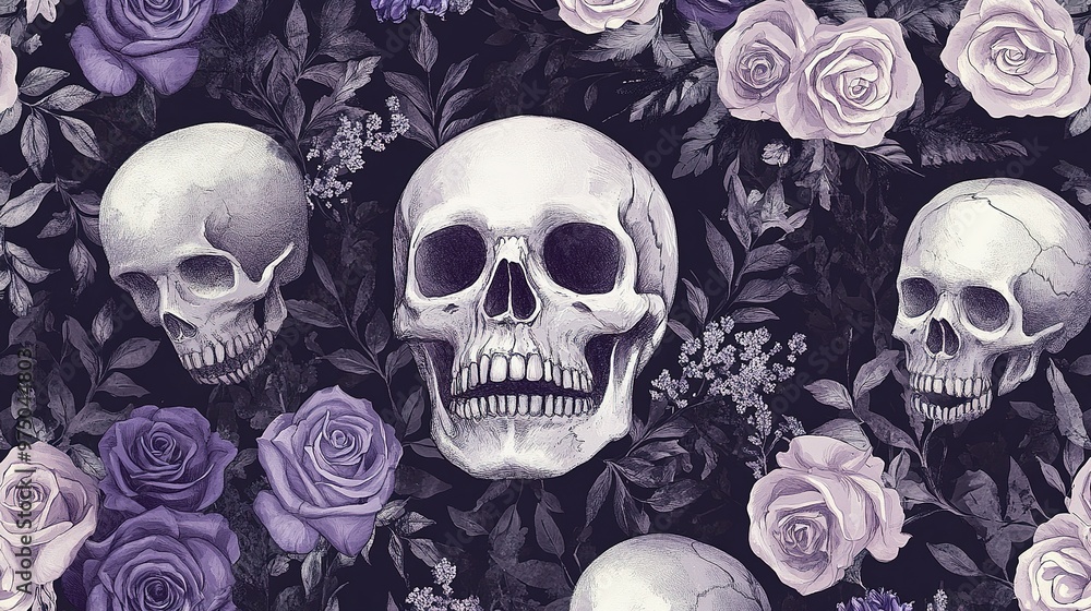 Skulls and Roses in a Dark Floral Pattern Skulls and Roses in a Dark Floral Pattern