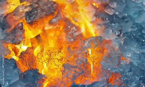 Flames with embers rising fill the frame space, surrounded by an icy texture