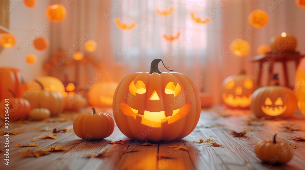 Spooky Halloween jack o' lantern with glowing eyes on wooden floor Spooky Halloween jack o' lantern with glowing eyes on wooden floor