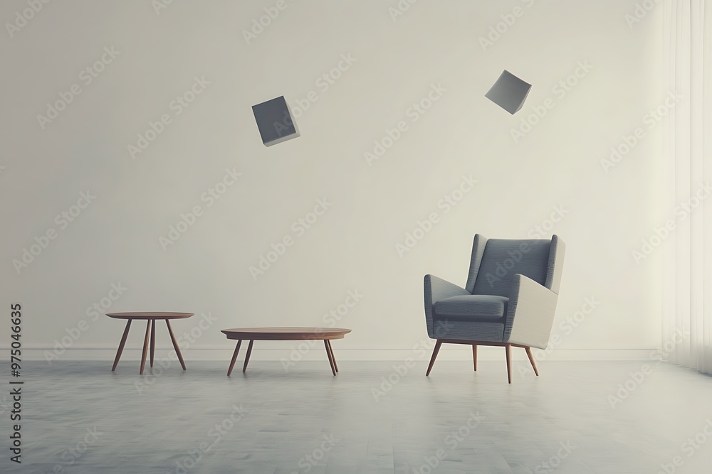 Fototapeta premium Modern white armchair with wooden legs in an empty light-filled room