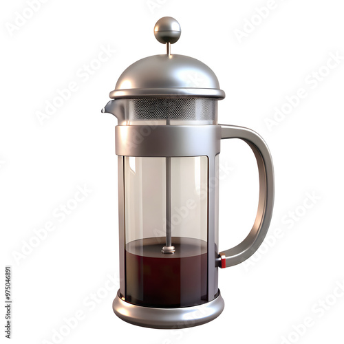 A silver french press with a glass carafe filled with coffee.