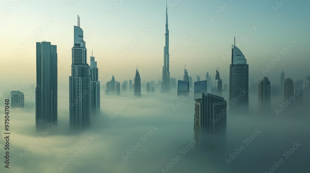 Dubai Skyscrapers in Fog. AI generated illustration Dubai Skyscrapers in Fog. AI generated illustration