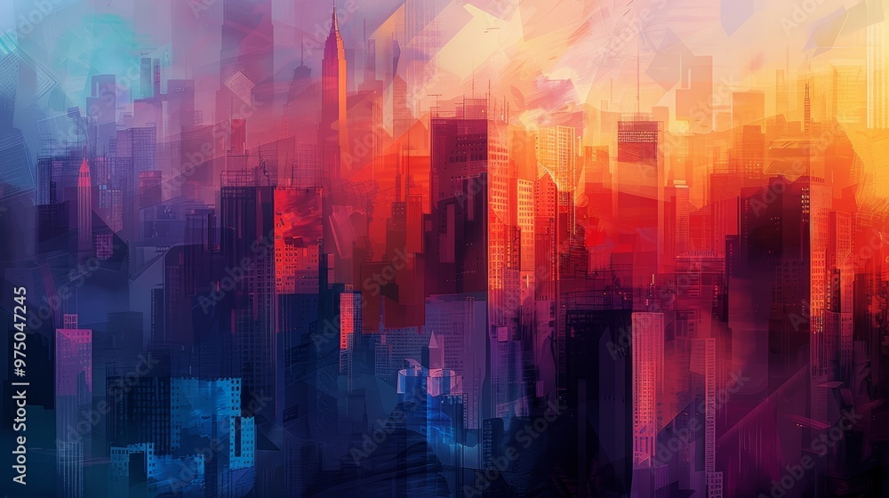 Obraz premium Cityscape at Sunset with Abstract Strokes