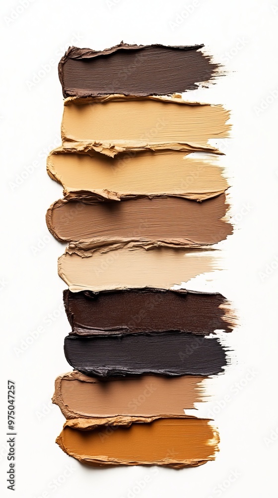 Swatches of brown makeup foundation on white background, beauty and cosmetics concept Swatches of brown makeup foundation on white background, beauty and cosmetics concept