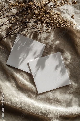 Two blank white A5 cards on a beige tablecloth with dried flowers creating natural shadows in soft, warm lighting environment