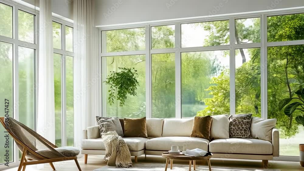 A bright living room features large windows, natural light streaming in. A white sofa is adorned with cushions, surrounded by potted plants and minimalistic furniture, giving a serene ambiance. A bright living room features large windows, natural light streaming in. A white sofa is adorned with cushions, surrounded by potted plants and minimalistic furniture, giving a serene ambiance.