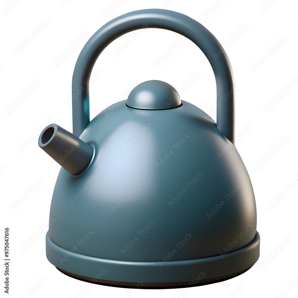 A blue kettle with a rounded body and a black handle. The spout is pointing to the left and the lid is closed. The kettle is isolated on a transparent or white background. A blue kettle with a rounded body and a black handle. The spout is pointing to the left and the lid is closed. The kettle is isolated on a transparent or white background.