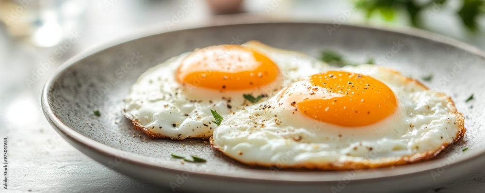 Fried eggs on a ceramic plate, close-up. Breakfast and culinary art concept Fried eggs on a ceramic plate, close-up. Breakfast and culinary art concept