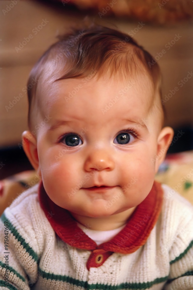Close-up of baby boy with sweater, blue eyes, and innocent expression Close-up of baby boy with sweater, blue eyes, and innocent expression
