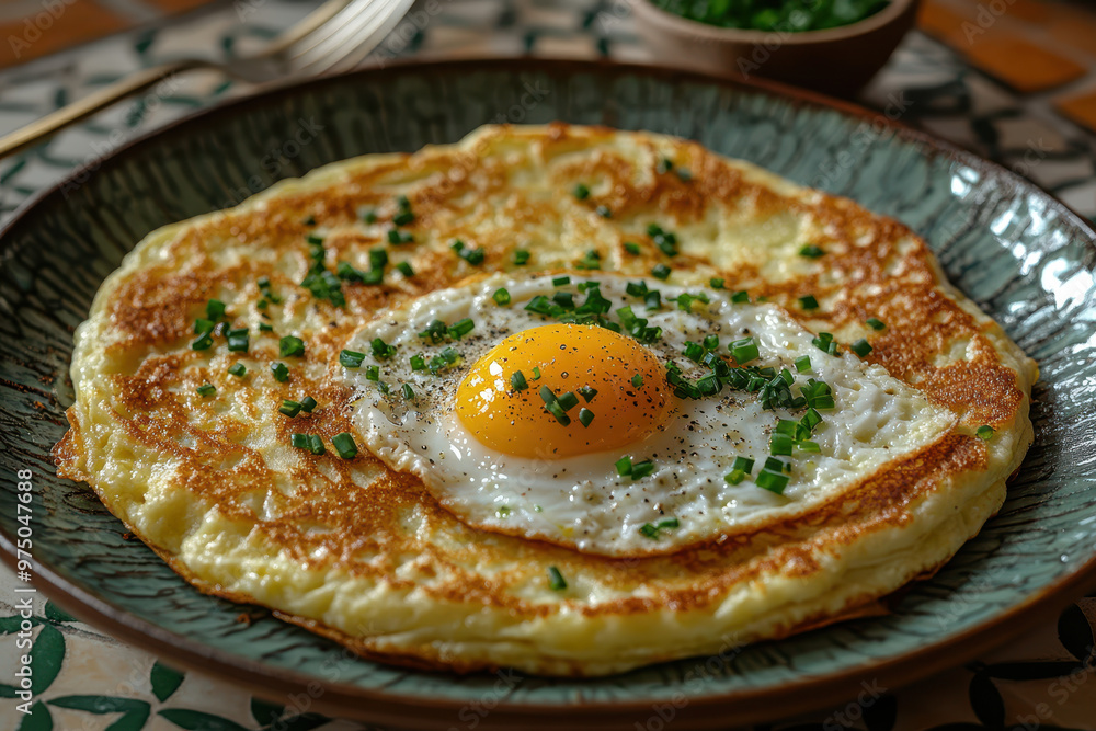 Pated egg and cheese galette on a ceramic plate, a traditional crepe with chives in a small bowl. Pated egg and cheese galette on a ceramic plate, a traditional crepe with chives in a small bowl.