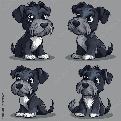 Four poses of an adorable Schnauzer with a fluffy beard, great for pet-themed vector illustrations and playful designs.