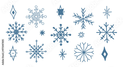 A set of vector snowflakes and ice cubes hand-drawn isolated on a white background