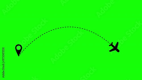 Animated Airplane Flight Path to Destination with Pin Location on Green Screen 