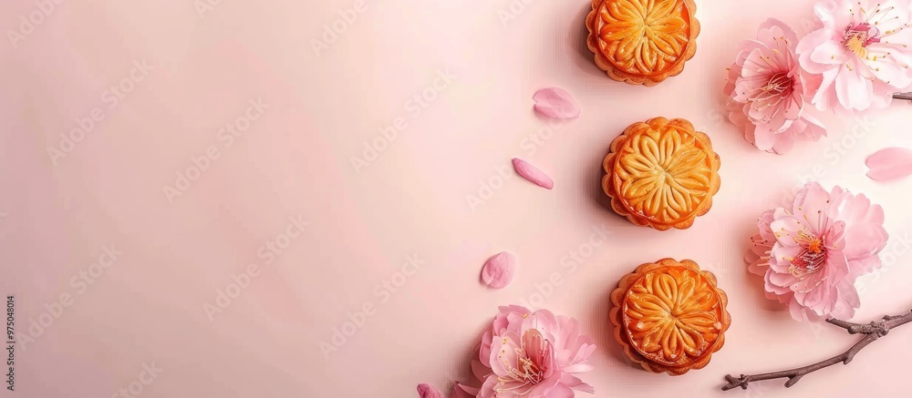 Mooncake On Light Pink Background With Pink Flower Concept Moon Cake On Mid Autumn Festival Mooncake Popular As Kue Bulan Mooncake On Light Pink Background With Pink Flower Concept Moon Cake On Mid Autumn Festival Mooncake Popular As Kue Bulan