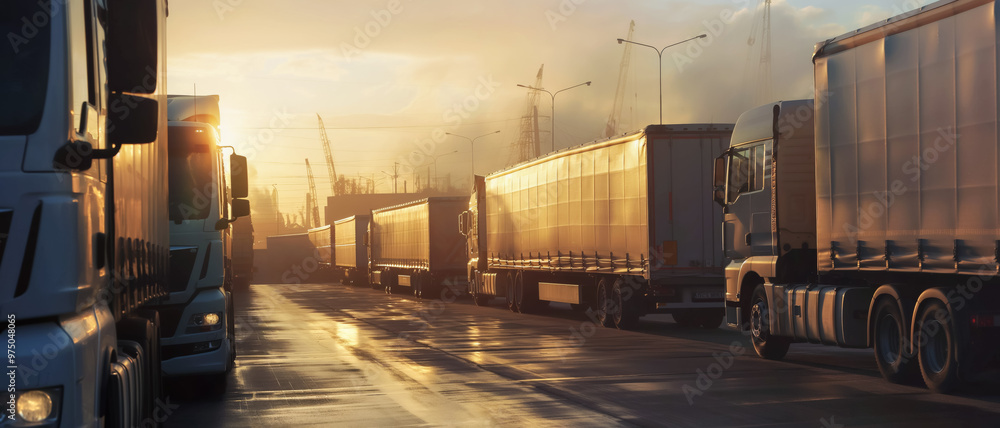 Cargo transport trucks waiting in morning near port or logistic centre, industrial cranes visible in distance. Generative AI Cargo transport trucks waiting in morning near port or logistic centre, industrial cranes visible in distance. Generative AI