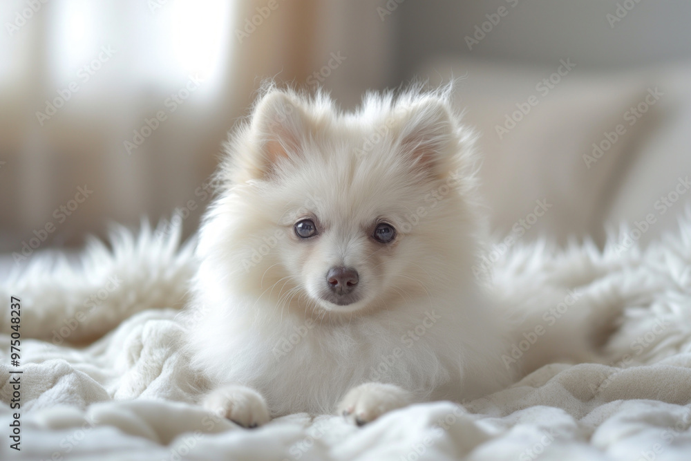 Fluffy white puppy resting on a soft bed indoors, with large eyes and a cute nose, creating a cozy and calm atmosphere. Fluffy white puppy resting on a soft bed indoors, with large eyes and a cute nose, creating a cozy and calm atmosphere.