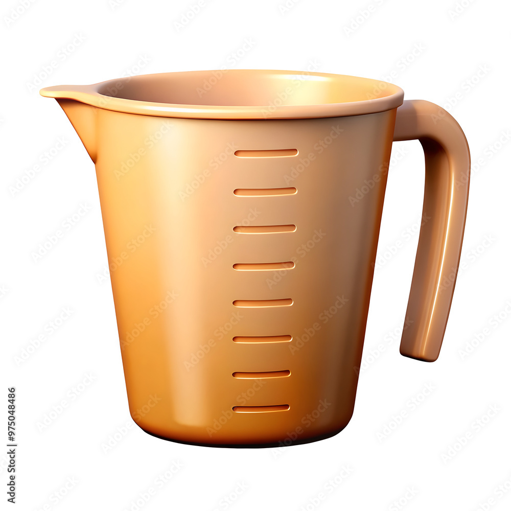 A close-up of a tan plastic pitcher with a handle and measuring markings. A close-up of a tan plastic pitcher with a handle and measuring markings.