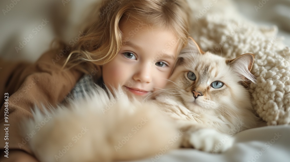 Cute Child snuggling with a fluffy cat on a cozy blanket. Cute Child snuggling with a fluffy cat on a cozy blanket.