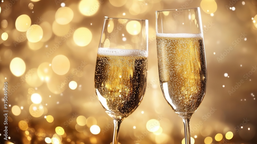Elegant champagne flutes filled with bubbly golden drink, sparkling against a festive backdrop of shimmering lights. Elegant champagne flutes filled with bubbly golden drink, sparkling against a festive backdrop of shimmering lights.