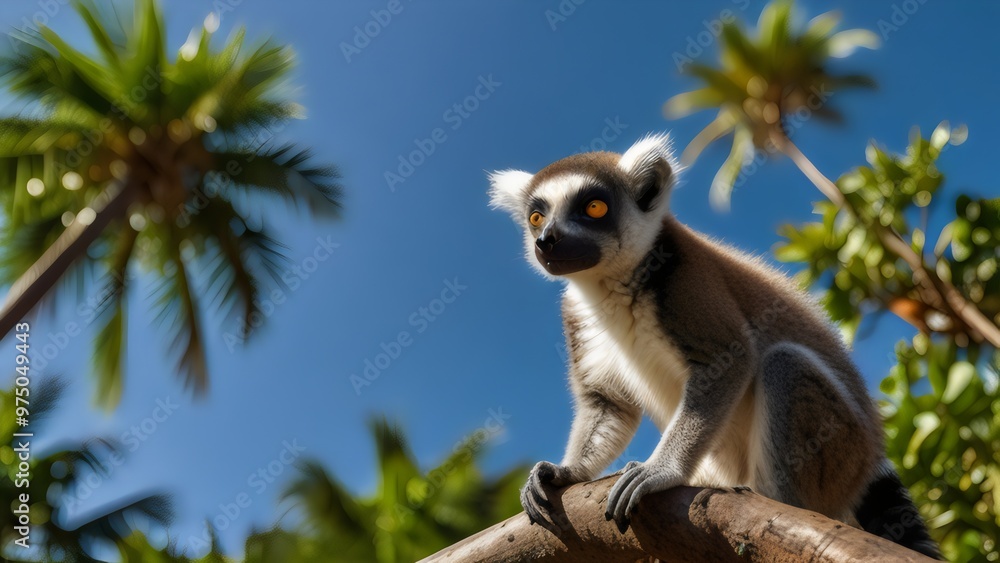 Fototapeta premium A curious lemur sitting on a tree branch in a tropical jungle, with vibrant green leaves and a bright blue sky in the background.