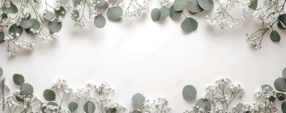 Elegant white wedding table background adorned with baby's breath and eucalyptus leaves for a serene and sophisticated setting Elegant white wedding table background adorned with baby's breath and eucalyptus leaves for a serene and sophisticated setting