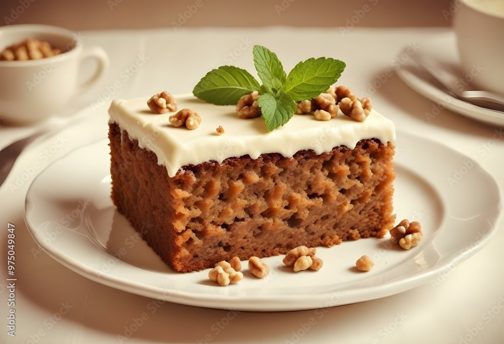 A slice of moist carrot cake with cream cheese frosting, topped with chopped walnuts, served on a white plate A slice of moist carrot cake with cream cheese frosting, topped with chopped walnuts, served on a white plate