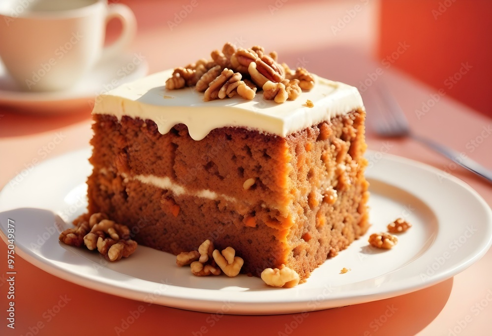 A slice of moist carrot cake with cream cheese frosting, topped with chopped walnuts, served on a white plate A slice of moist carrot cake with cream cheese frosting, topped with chopped walnuts, served on a white plate