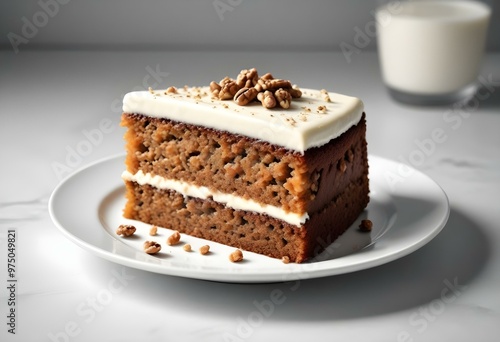 A slice of moist carrot cake with cream cheese frosting, topped with chopped walnuts, served on a white plate