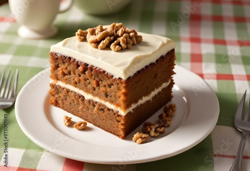 A slice of moist carrot cake with cream cheese frosting, topped with chopped walnuts, served on a white plate