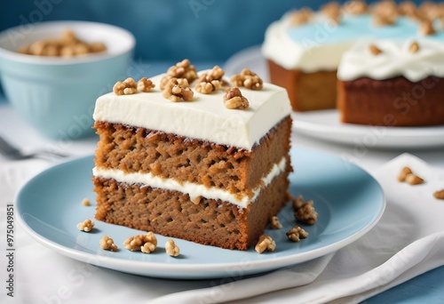 Wallpaper Mural A slice of moist carrot cake with cream cheese frosting, topped with chopped walnuts, served on a white plate Torontodigital.ca