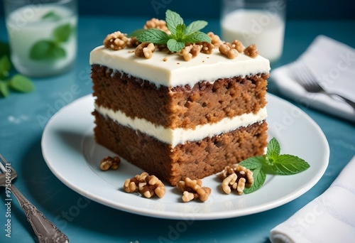 A slice of moist carrot cake with cream cheese frosting, topped with chopped walnuts, served on a white plate