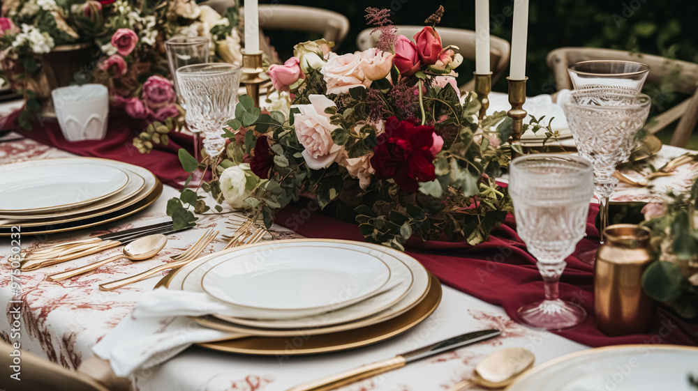 Wedding and event celebration tablescape with flowers, formal dinner table setting with roses and wine, elegant floral table decor for dinner party and holiday decoration, home styling idea Wedding and event celebration tablescape with flowers, formal dinner table setting with roses and wine, elegant floral table decor for dinner party and holiday decoration, home styling idea
