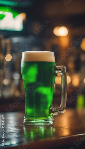 Glass of green beer and leprechauns hat on bar counter Pub interior St Patricks Day party vertical