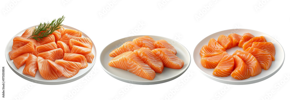 Plates of fresh salmon slices with garnish isolated on transparent background Plates of fresh salmon slices with garnish isolated on transparent background