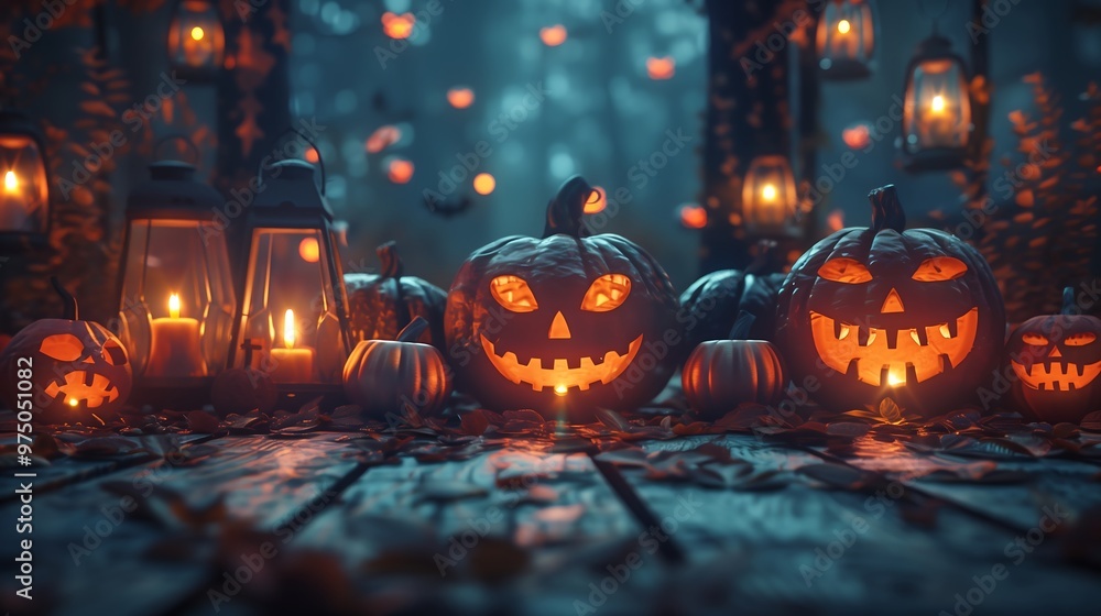 Spooky Halloween Jack o Lanterns with Glowing Candles in a Dark Forest Spooky Halloween Jack o Lanterns with Glowing Candles in a Dark Forest