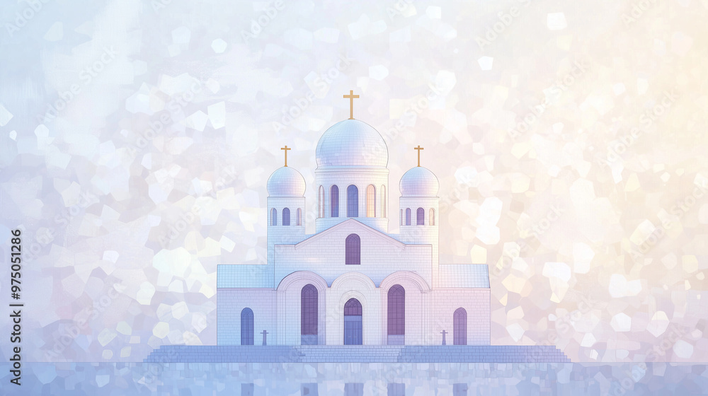 Fototapeta premium illustration of an Orthodox Church with an abstract background incorporating light shades of white, purple, and gray. The background should feature a mosaic style with geometric pa