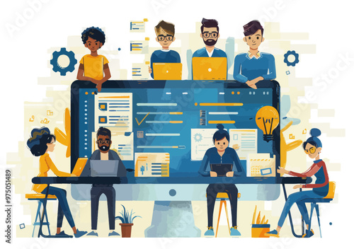 Diverse Web Development Team Collaborating on Large Computer Screen, Minimalistic Illustration Highlighting Technology and Teamwork in Modern Workspace